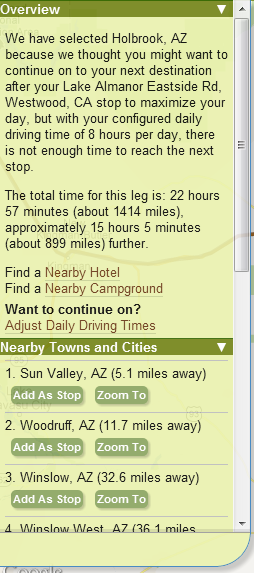 myscenicdrives.com automatically divides your trip into manageable days. Quickly expand and shorten your days with nearby cities and towns.