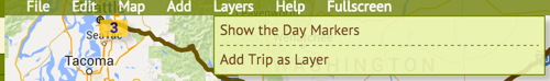 Add layers to your map, including Weather, Panoramio Images, and other trips.