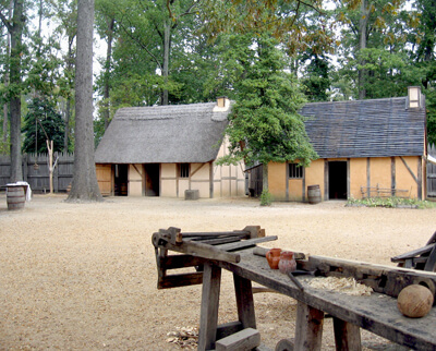 Re-created dwellings in the 1610-14 fort Jamestown Settlement.